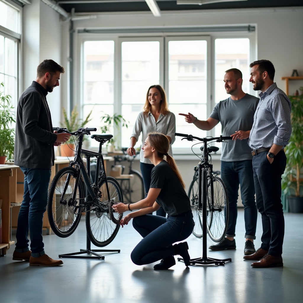 Gruppo di colleghi che partecipa a una sessione formativa sulla manutenzione delle biciclette