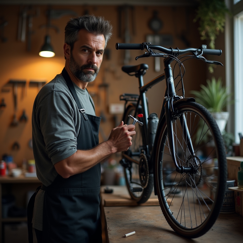 Meccanico che regola i freni di una bicicletta urbana in officina