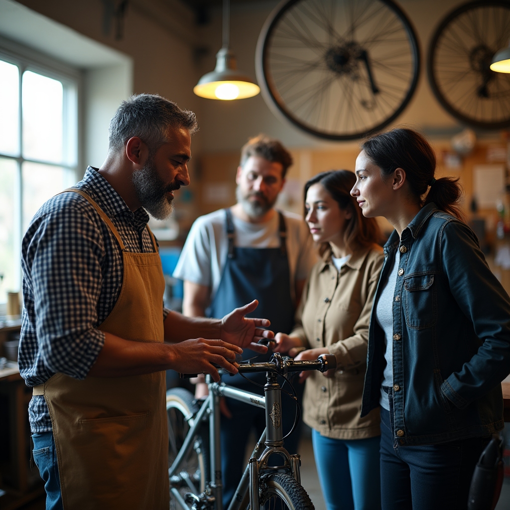Istruttore che spiega la regolazione dei freni a un gruppo di ciclisti in officina
