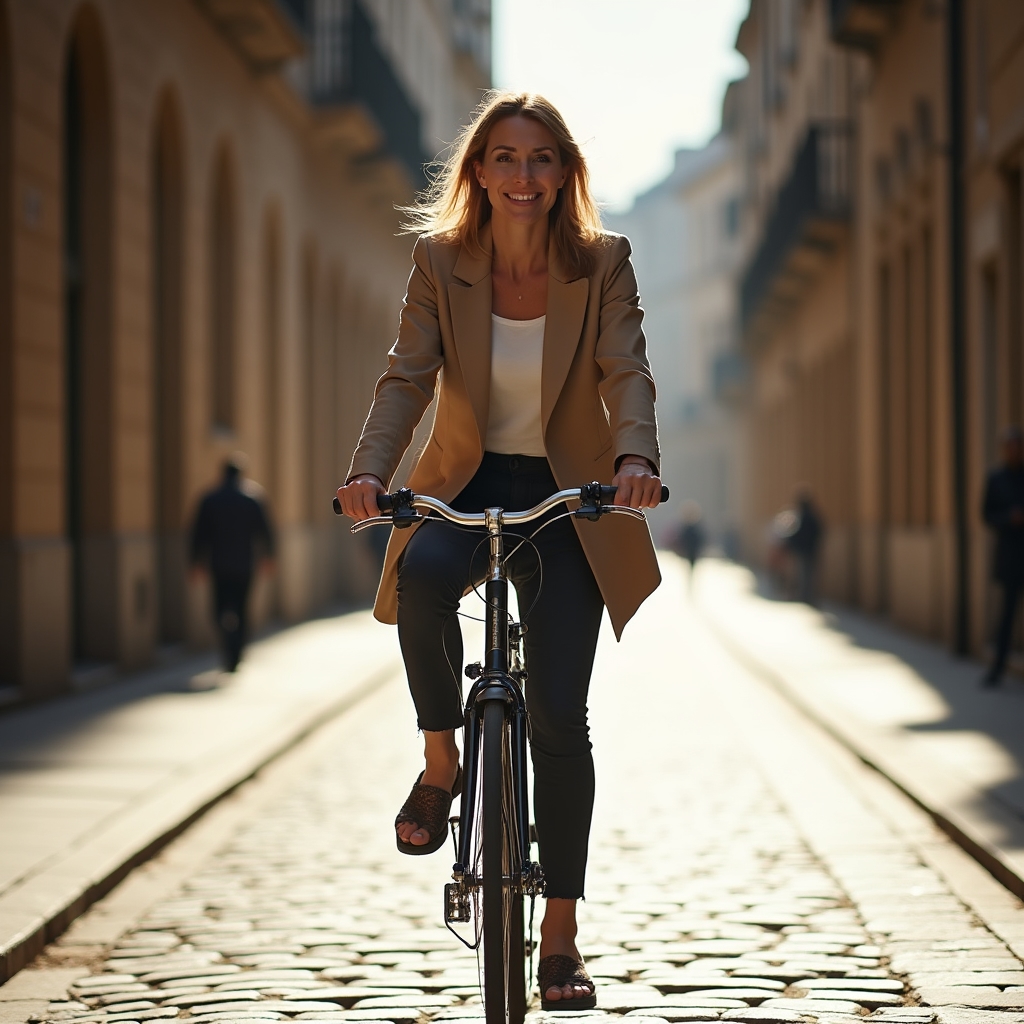 Ciclista urbano che pedala in città con la propria bicicletta ben mantenuta