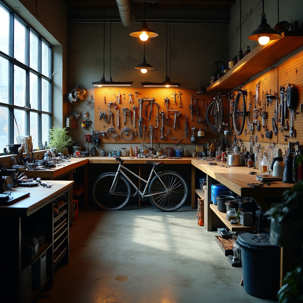 Vista d'insieme di un'officina per biciclette con banco da lavoro e attrezzi appesi
